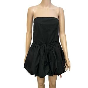 Pretty Little Thing Linen Blend Bubble Hem Dress Size 14 Mini Strapless Black